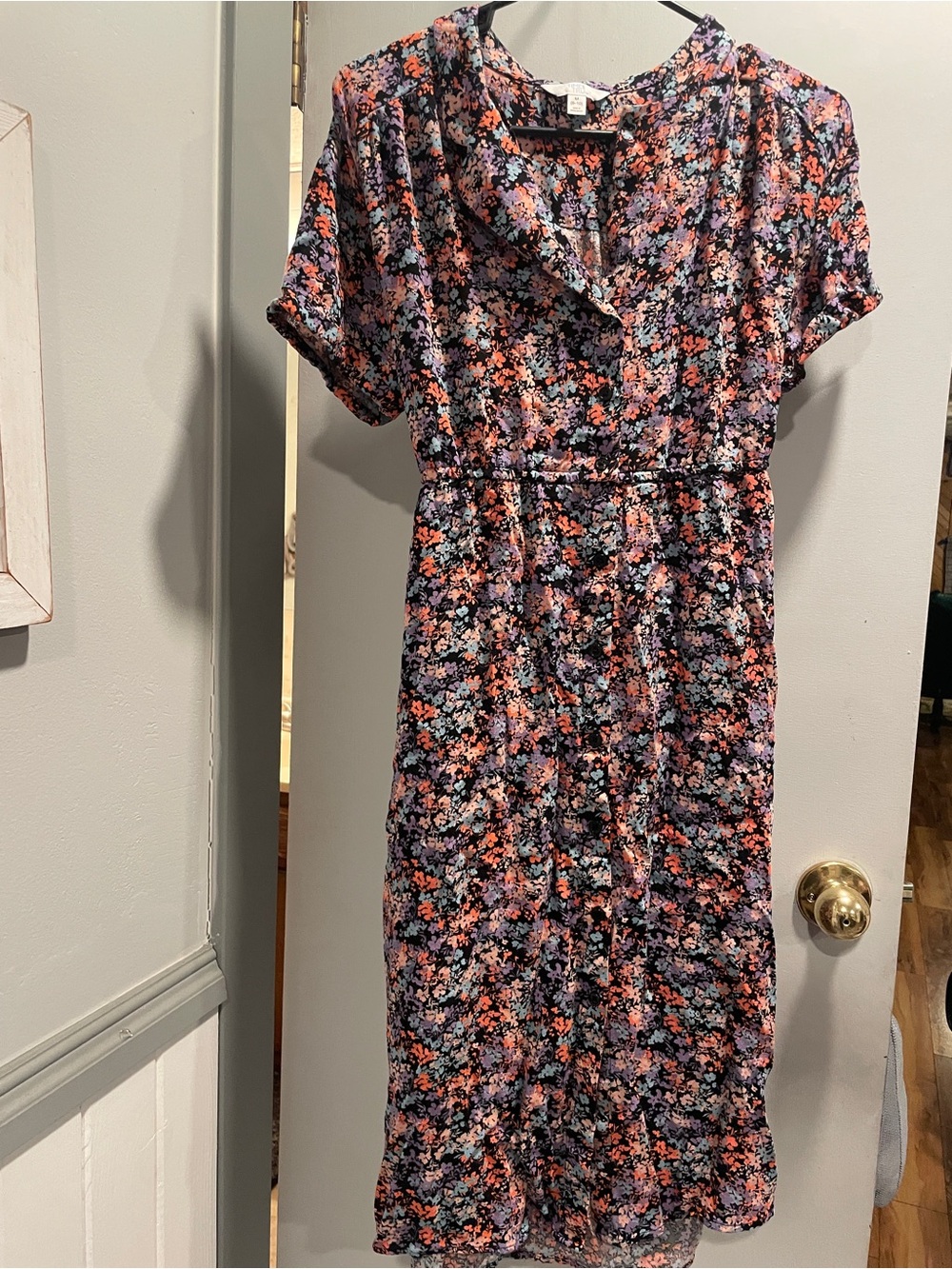 Time and Tru Black Midi Dress with Pink & Orange Floral Pattern size M (8-10)
